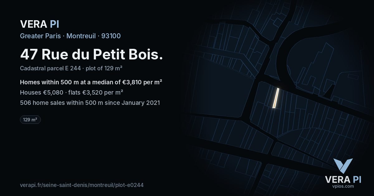 47 Rue du Petit Bois, Montreuil at night – the plot lit, the parcels around coloured by the prices near them