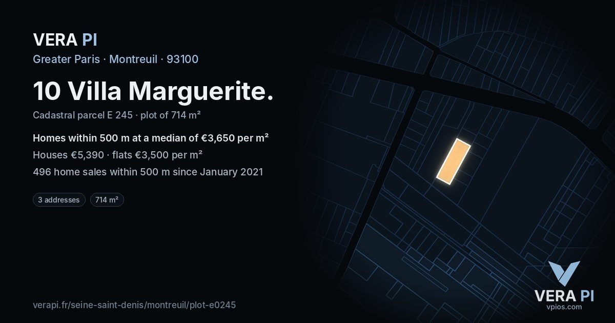 10 Villa Marguerite, Montreuil at night – the plot lit, the parcels around coloured by the prices near them