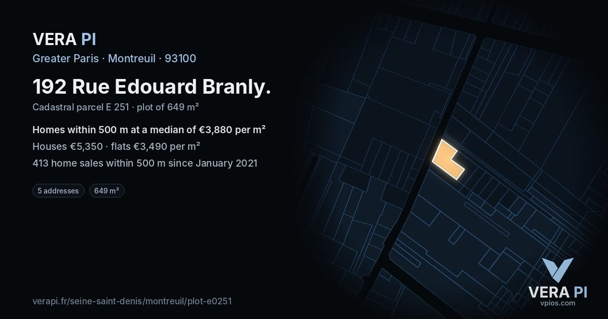 192 Rue Edouard Branly, Montreuil at night – the plot lit, the parcels around coloured by the prices near them