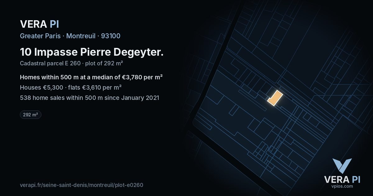 10 Impasse Pierre Degeyter, Montreuil at night – the plot lit, the parcels around coloured by the prices near them