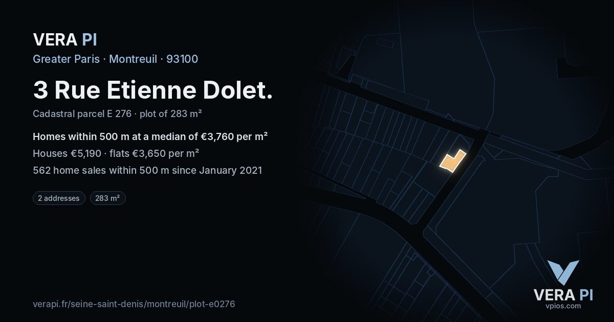 3 Rue Etienne Dolet, Montreuil at night – the plot lit, the parcels around coloured by the prices near them