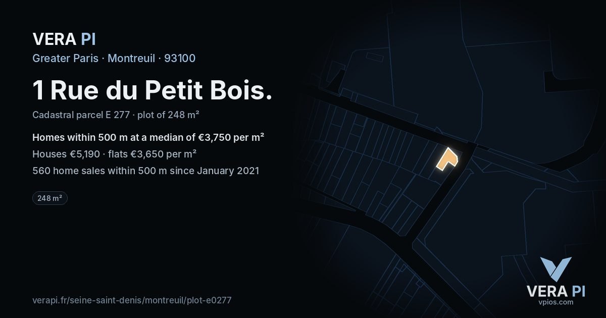 1 Rue du Petit Bois, Montreuil at night – the plot lit, the parcels around coloured by the prices near them