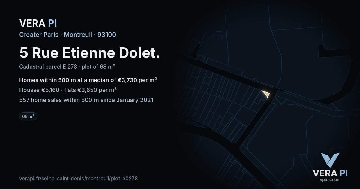 5 Rue Etienne Dolet, Montreuil at night – the plot lit, the parcels around coloured by the prices near them