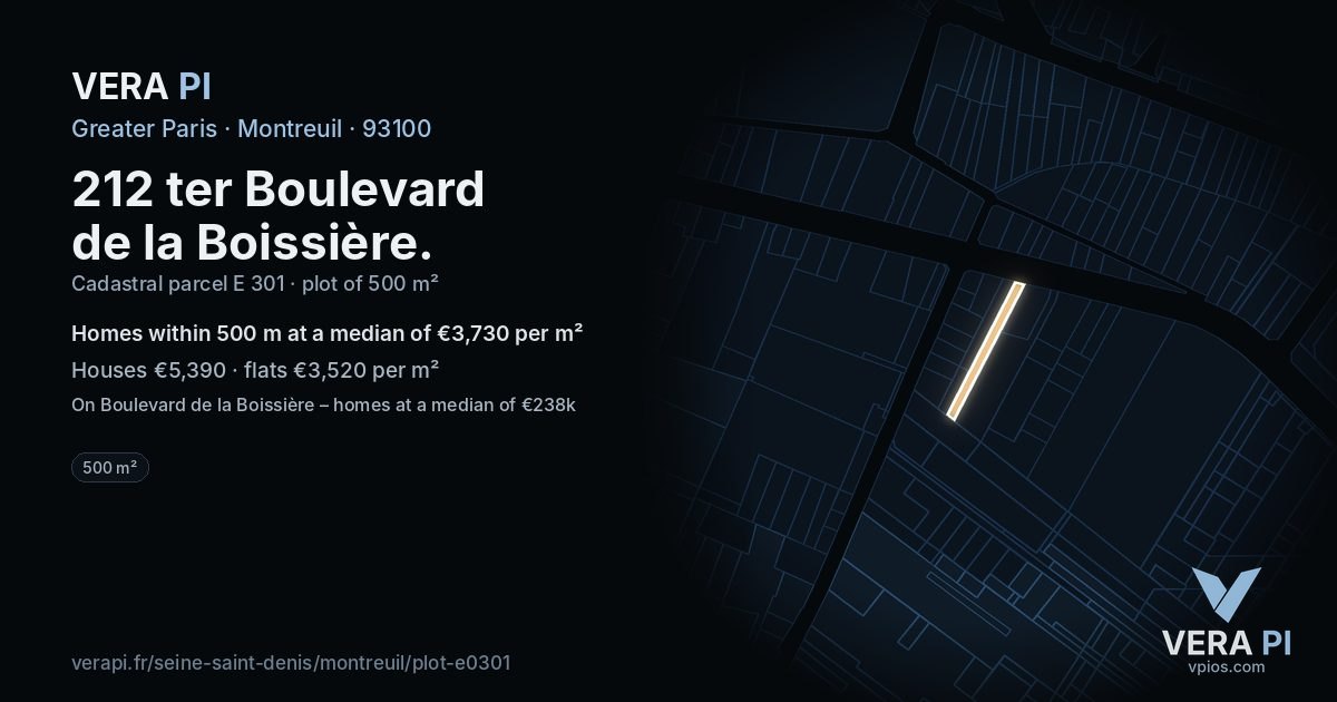 212 ter Boulevard de la Boissière, Montreuil at night – the plot lit, the parcels around coloured by the prices near them