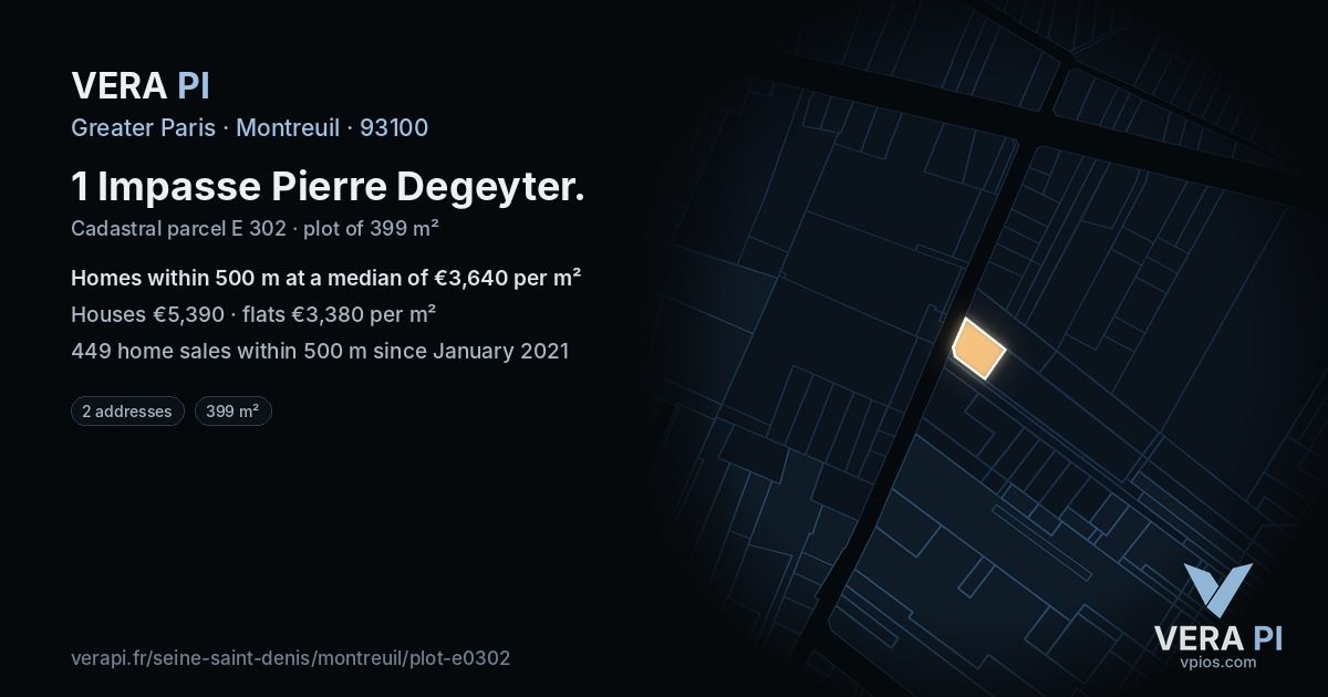1 Impasse Pierre Degeyter, Montreuil at night – the plot lit, the parcels around coloured by the prices near them