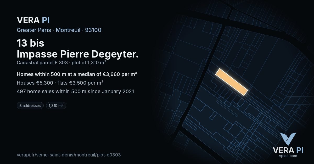 13 bis Impasse Pierre Degeyter, Montreuil at night – the plot lit, the parcels around coloured by the prices near them