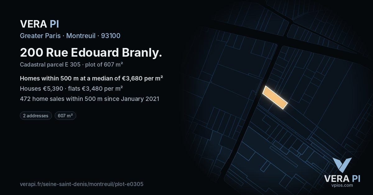 200 Rue Edouard Branly, Montreuil at night – the plot lit, the parcels around coloured by the prices near them