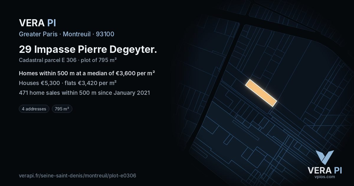 29 Impasse Pierre Degeyter, Montreuil at night – the plot lit, the parcels around coloured by the prices near them