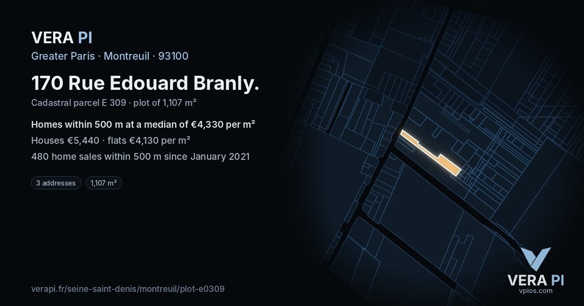 170 Rue Edouard Branly, Montreuil at night – the plot lit, the parcels around coloured by the prices near them