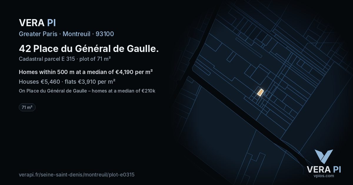 42 Place du Général de Gaulle, Montreuil at night – the plot lit, the parcels around coloured by the prices near them