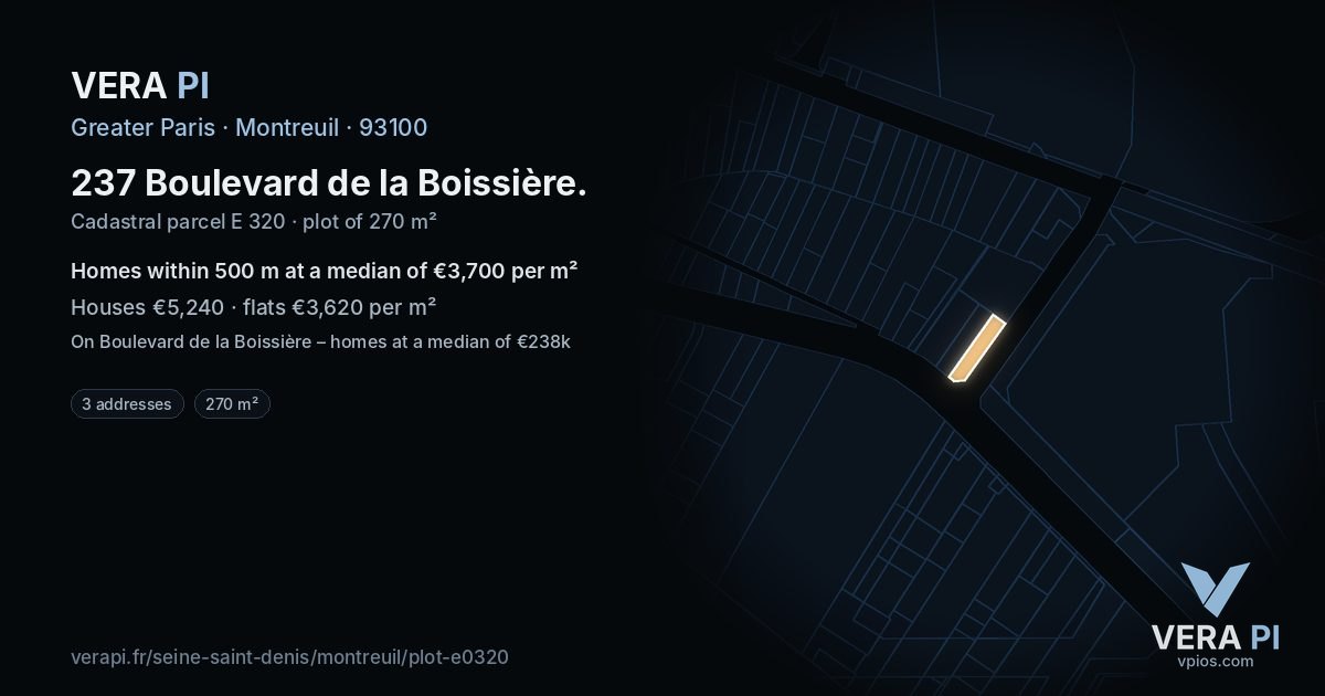 237 Boulevard de la Boissière, Montreuil at night – the plot lit, the parcels around coloured by the prices near them
