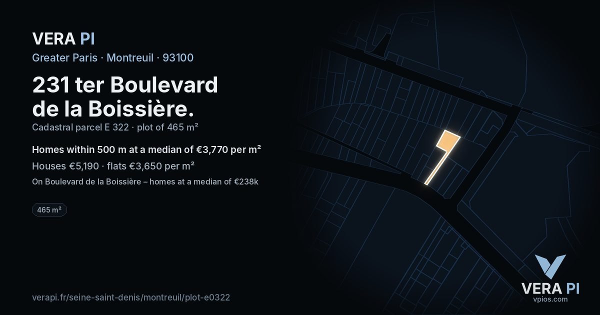 231 ter Boulevard de la Boissière, Montreuil at night – the plot lit, the parcels around coloured by the prices near them