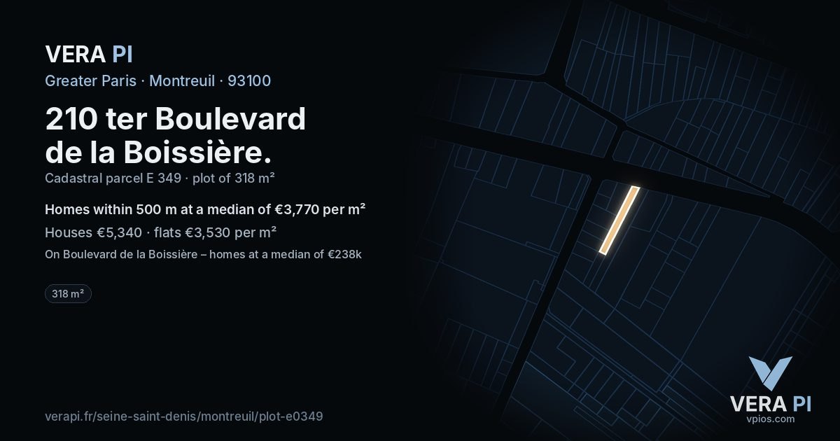 210 ter Boulevard de la Boissière, Montreuil at night – the plot lit, the parcels around coloured by the prices near them