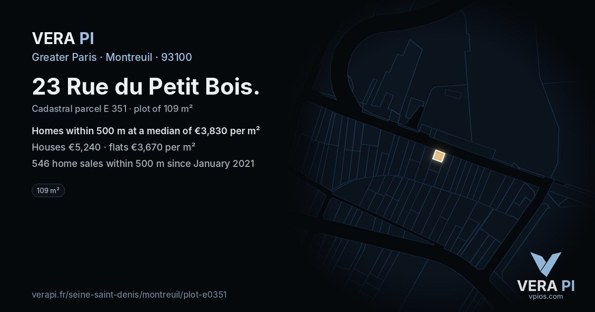 23 Rue du Petit Bois, Montreuil at night – the plot lit, the parcels around coloured by the prices near them