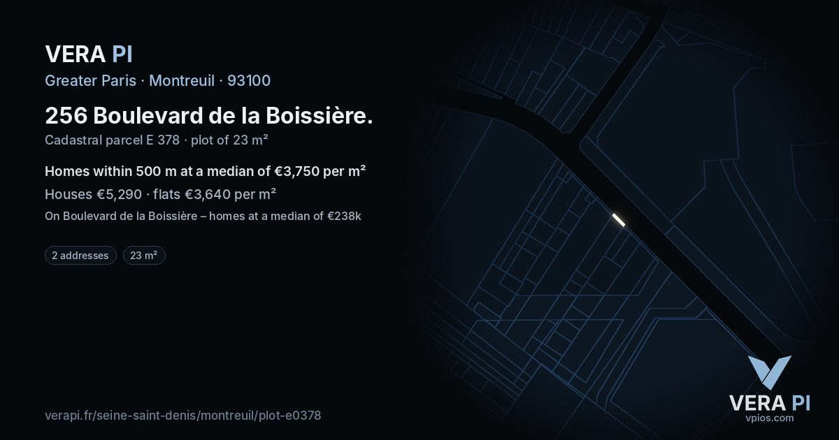 256 Boulevard de la Boissière, Montreuil at night – the plot lit, the parcels around coloured by the prices near them