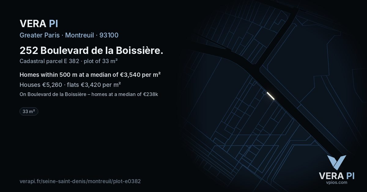 252 Boulevard de la Boissière, Montreuil at night – the plot lit, the parcels around coloured by the prices near them
