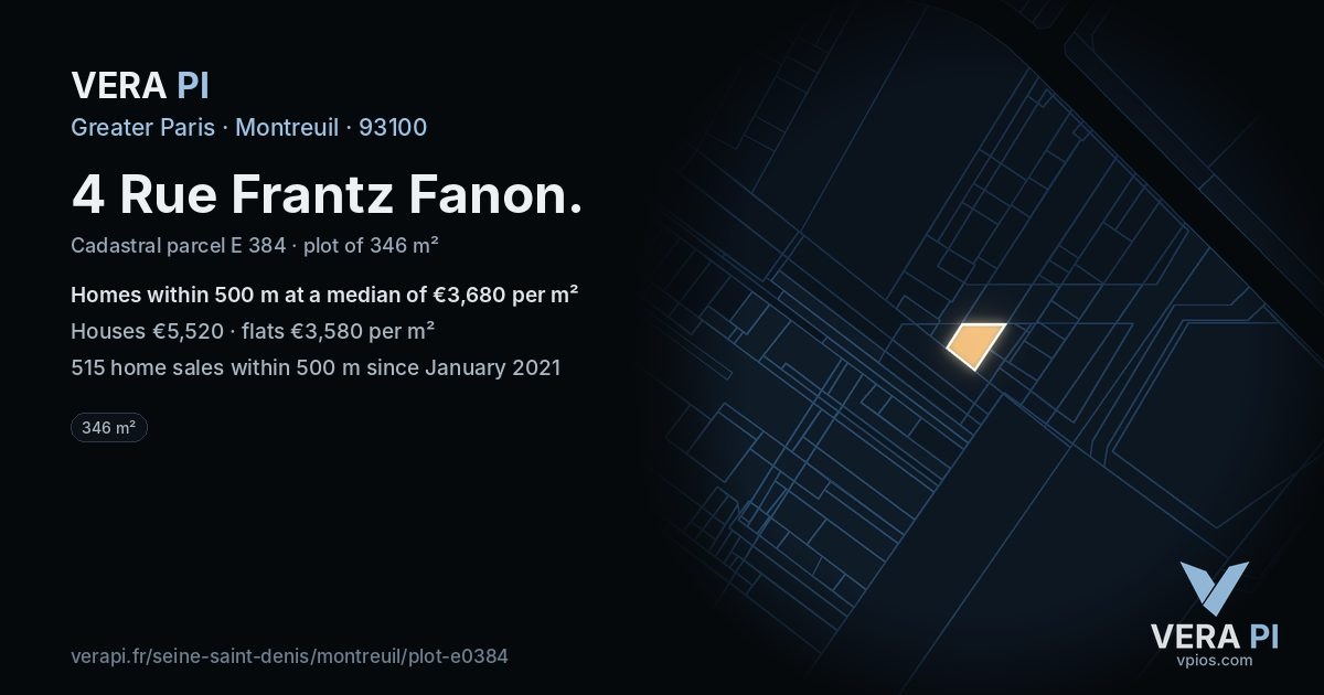 4 Rue Frantz Fanon, Montreuil at night – the plot lit, the parcels around coloured by the prices near them