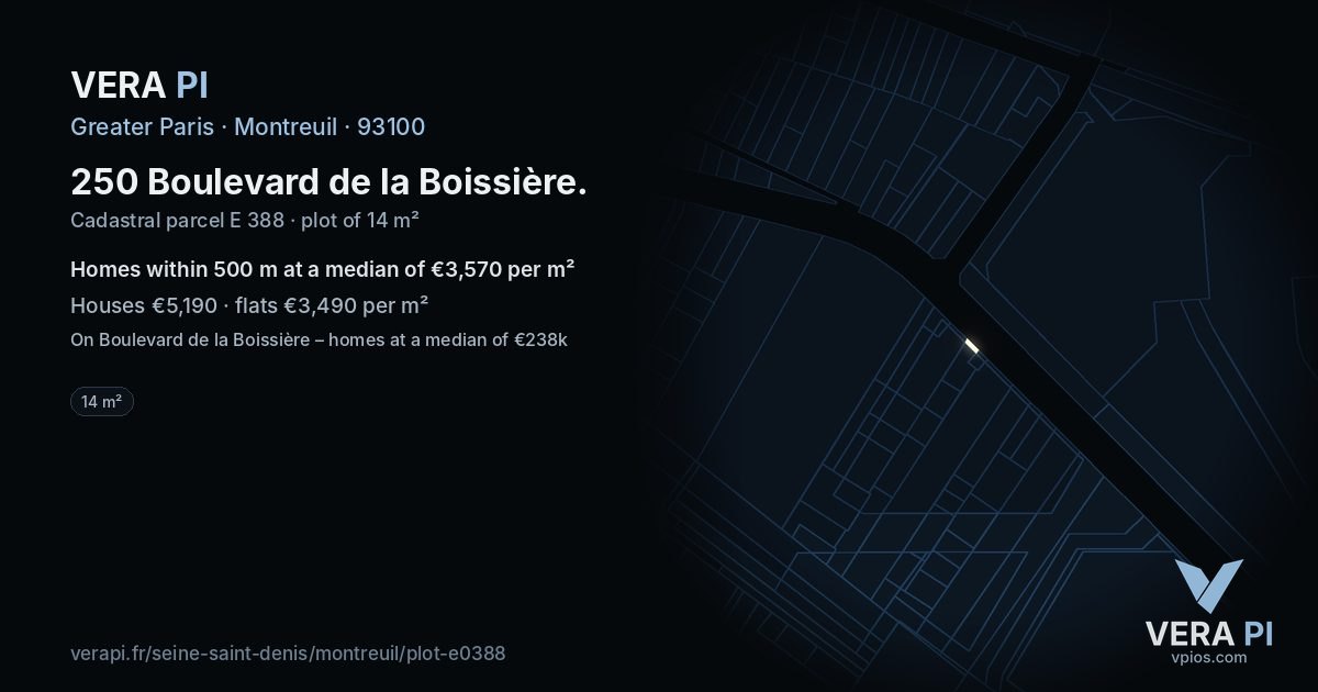 250 Boulevard de la Boissière, Montreuil at night – the plot lit, the parcels around coloured by the prices near them