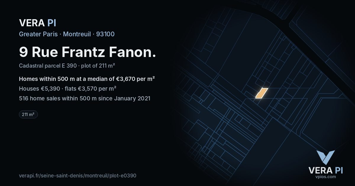 9 Rue Frantz Fanon, Montreuil at night – the plot lit, the parcels around coloured by the prices near them