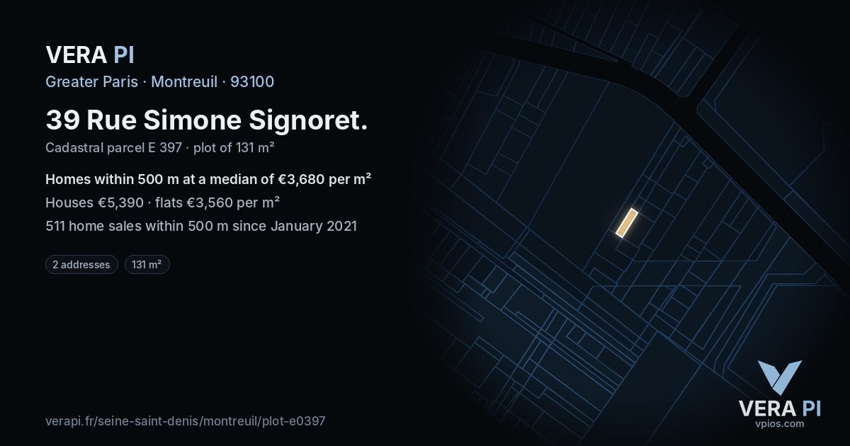 39 Rue Simone Signoret, Montreuil at night – the plot lit, the parcels around coloured by the prices near them
