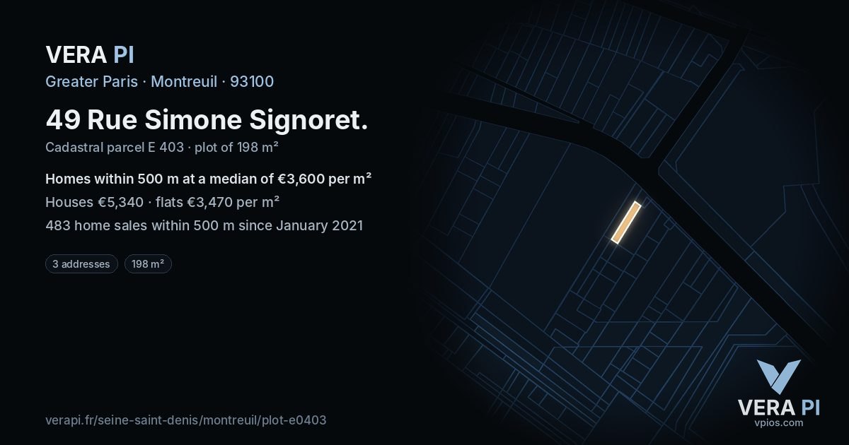 49 Rue Simone Signoret, Montreuil at night – the plot lit, the parcels around coloured by the prices near them