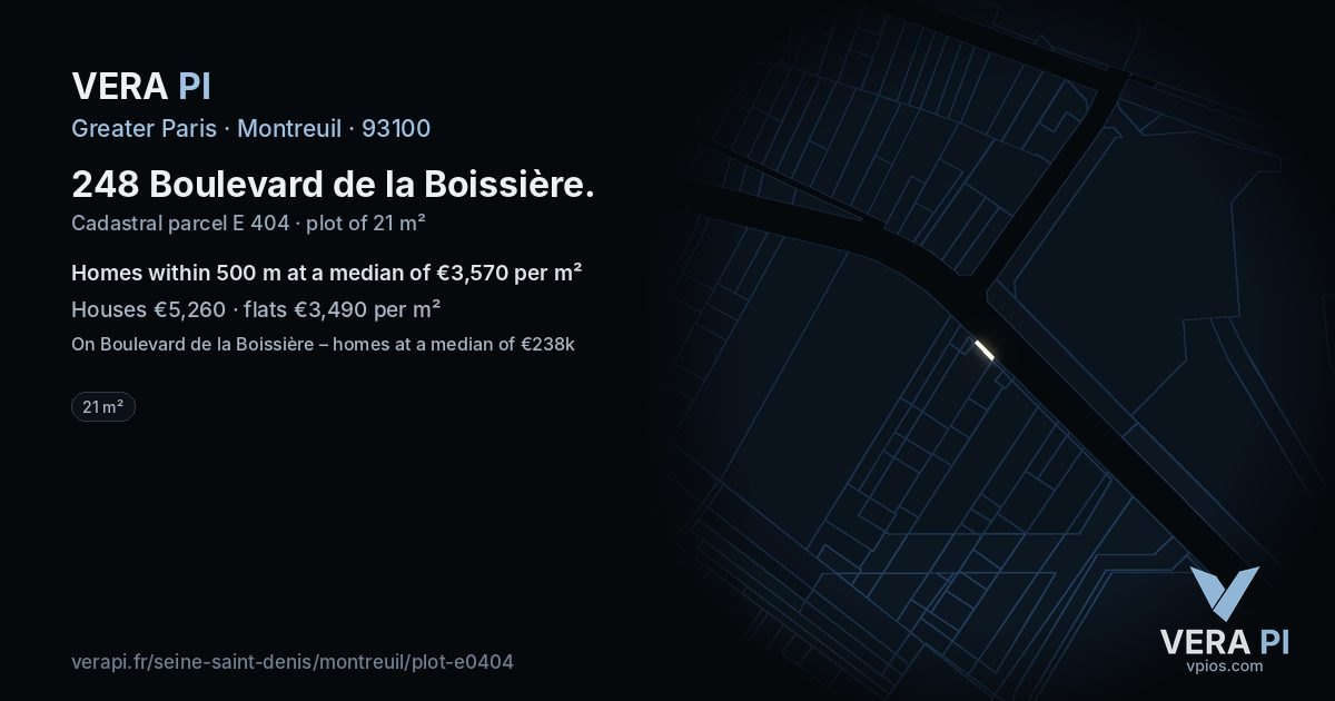 248 Boulevard de la Boissière, Montreuil at night – the plot lit, the parcels around coloured by the prices near them