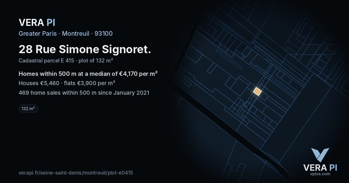 28 Rue Simone Signoret, Montreuil at night – the plot lit, the parcels around coloured by the prices near them