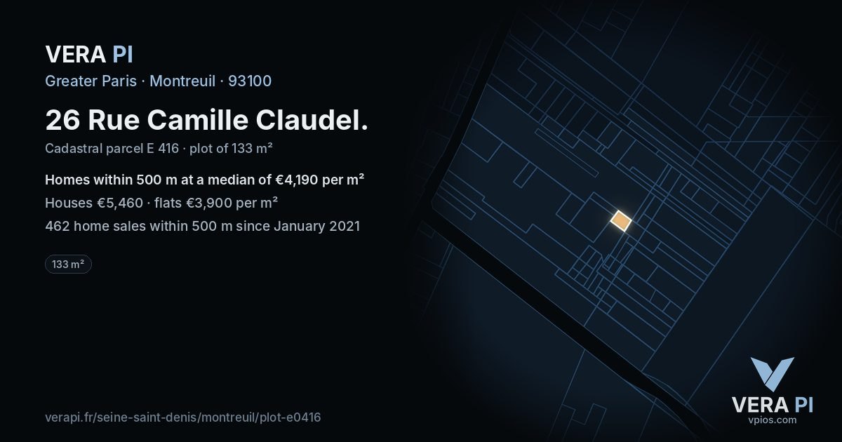 26 Rue Camille Claudel, Montreuil at night – the plot lit, the parcels around coloured by the prices near them