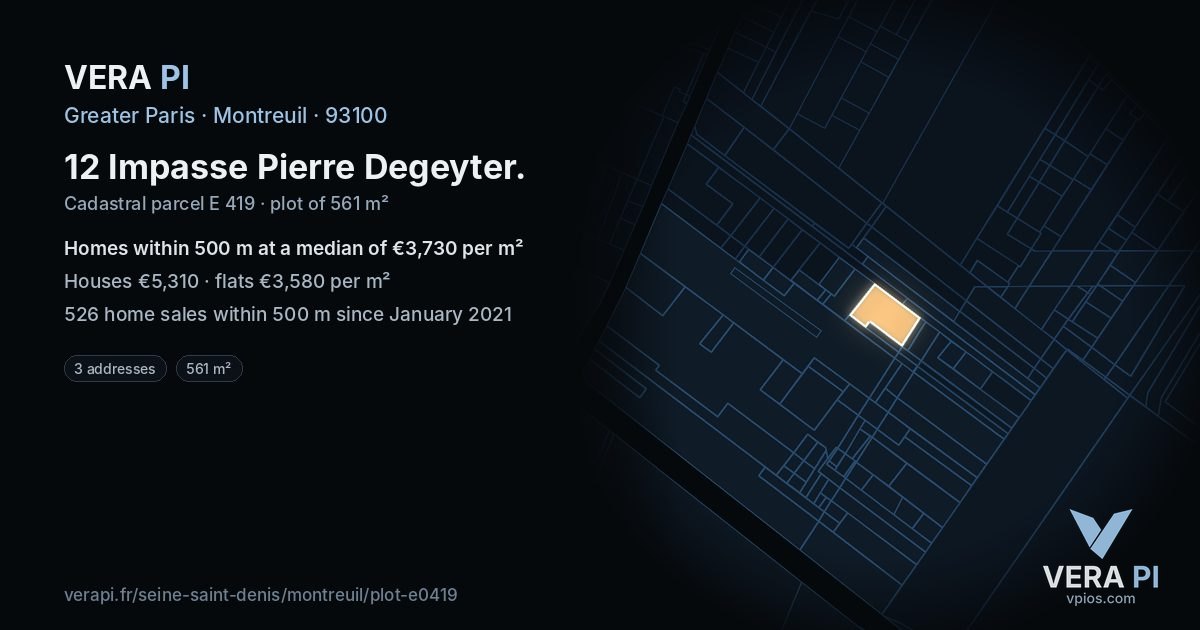 12 Impasse Pierre Degeyter, Montreuil at night – the plot lit, the parcels around coloured by the prices near them