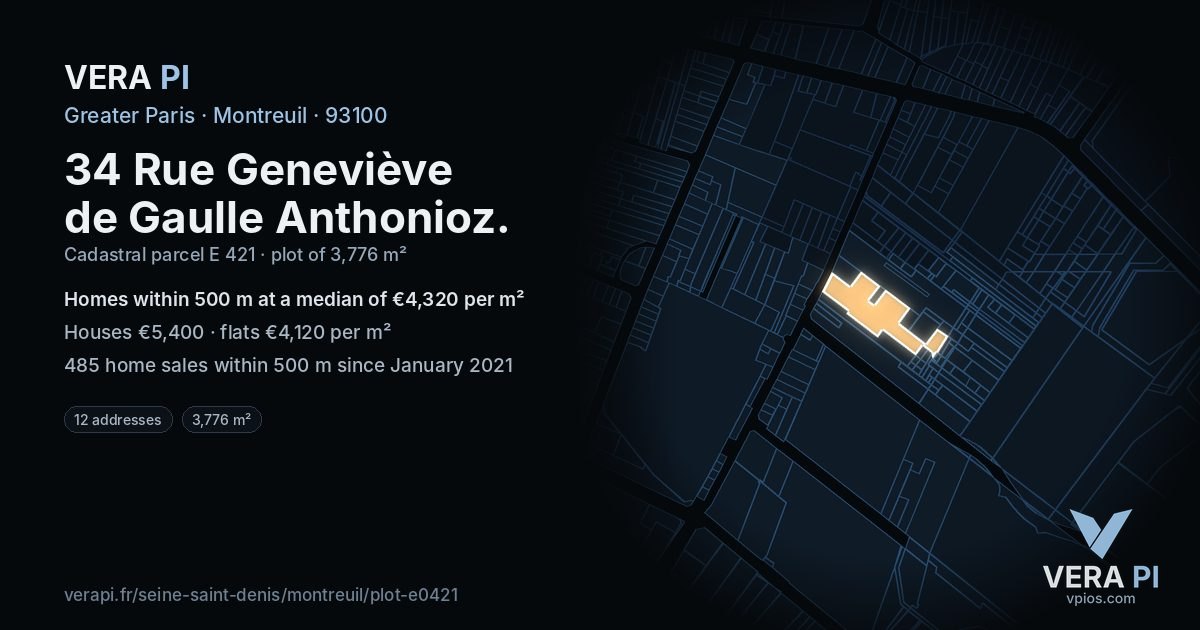 34 Rue Geneviève de Gaulle Anthonioz, Montreuil at night – the plot lit, the parcels around coloured by the prices near them