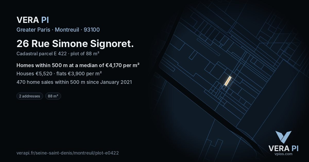 26 Rue Simone Signoret, Montreuil at night – the plot lit, the parcels around coloured by the prices near them