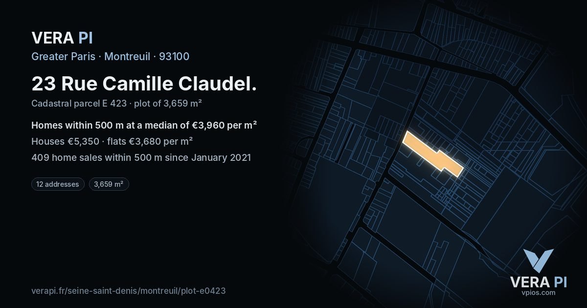 23 Rue Camille Claudel, Montreuil at night – the plot lit, the parcels around coloured by the prices near them