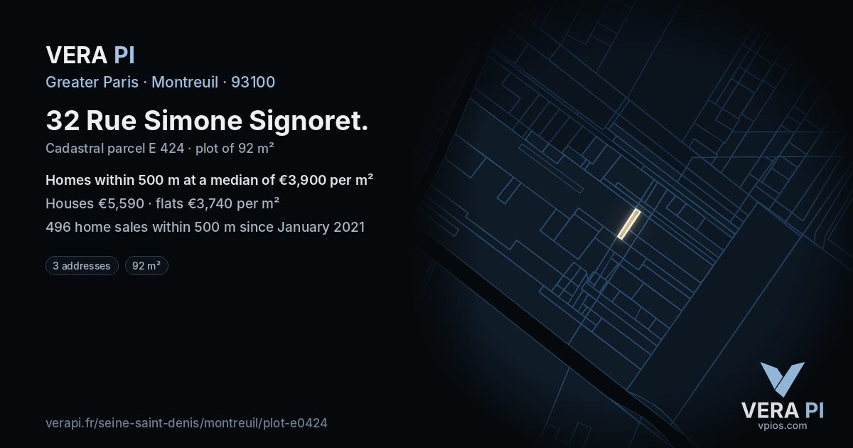 32 Rue Simone Signoret, Montreuil at night – the plot lit, the parcels around coloured by the prices near them