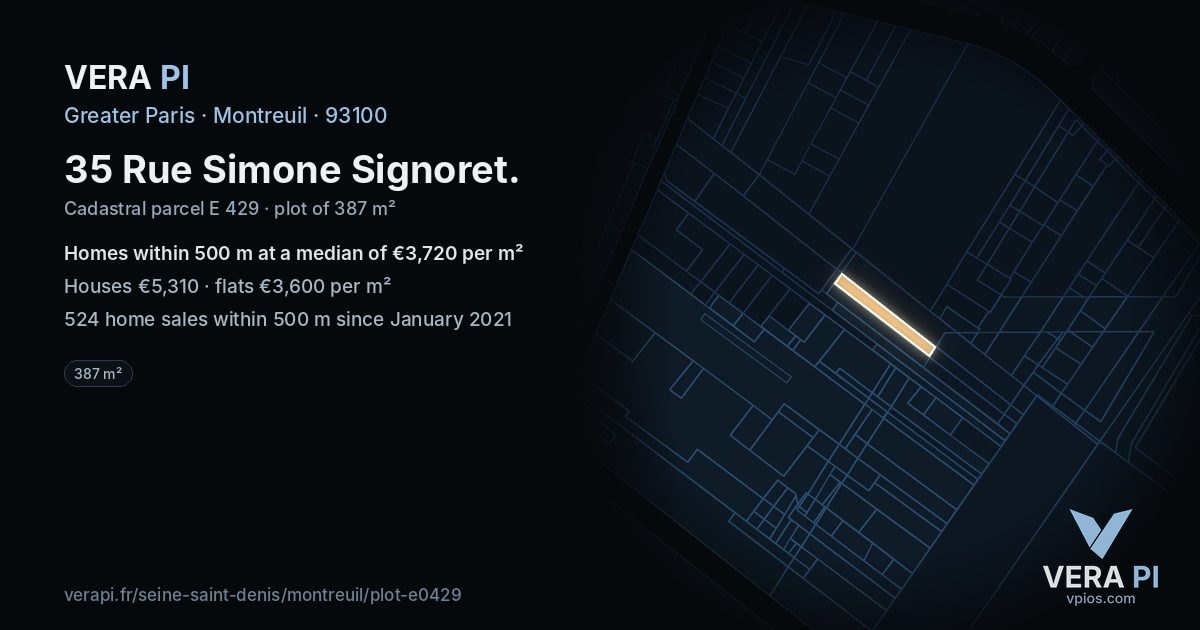35 Rue Simone Signoret, Montreuil at night – the plot lit, the parcels around coloured by the prices near them