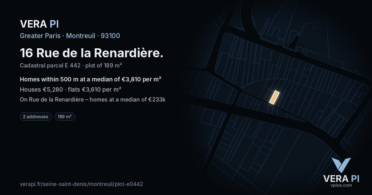 16 Rue de la Renardière, Montreuil at night – the plot lit, the parcels around coloured by the prices near them