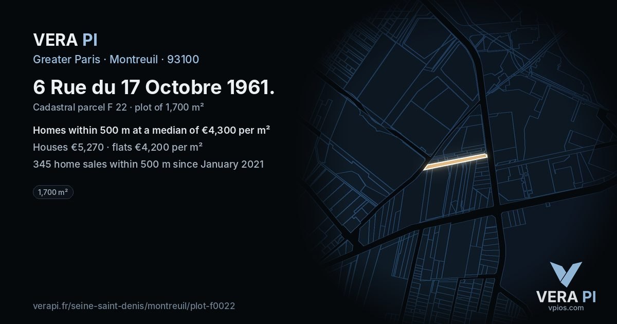 6 Rue du 17 Octobre 1961, Montreuil at night – the plot lit, the parcels around coloured by the prices near them