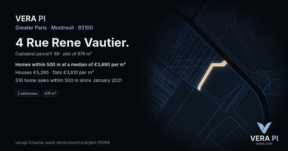 4 Rue Rene Vautier, Montreuil at night – the plot lit, the parcels around coloured by the prices near them