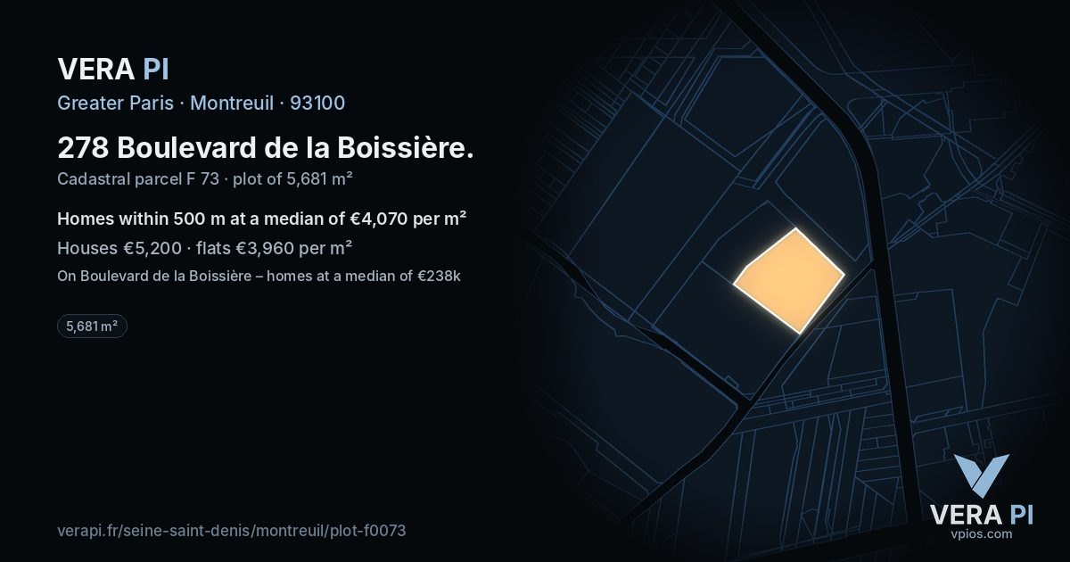 278 Boulevard de la Boissière, Montreuil at night – the plot lit, the parcels around coloured by the prices near them
