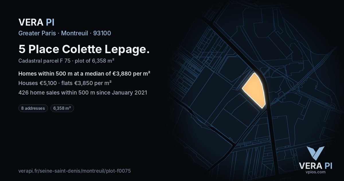 5 Place Colette Lepage, Montreuil at night – the plot lit, the parcels around coloured by the prices near them