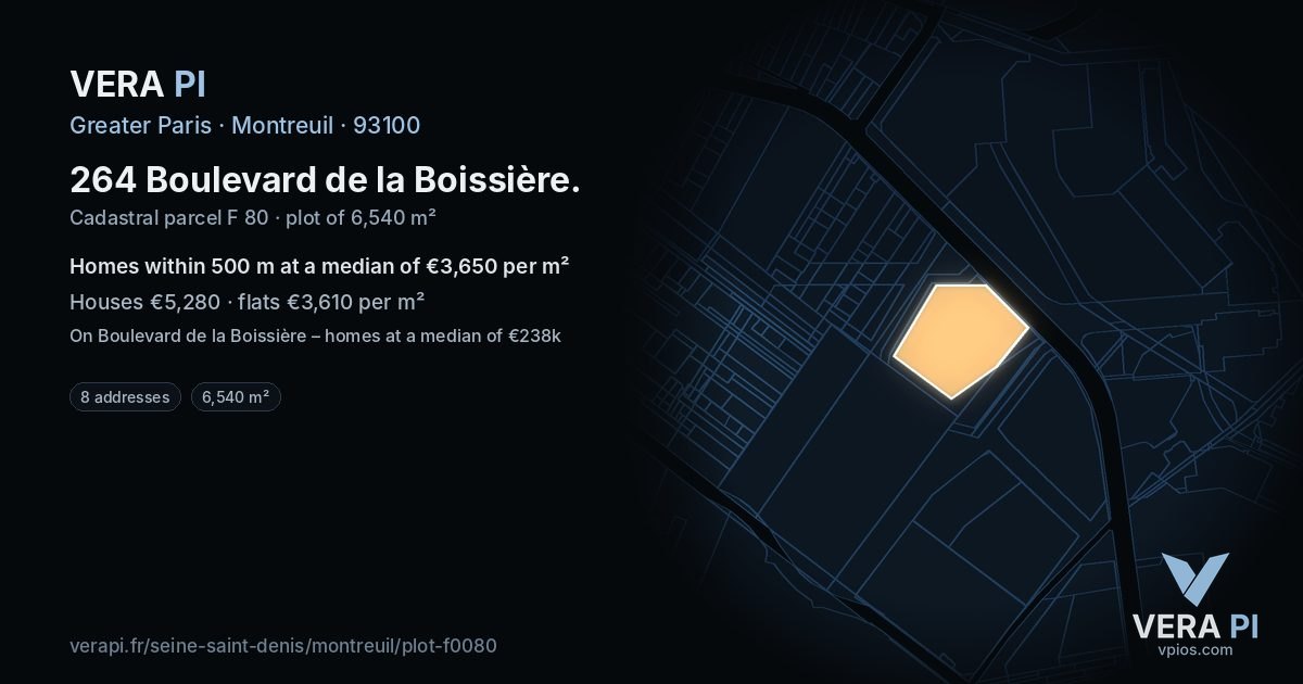 264 Boulevard de la Boissière, Montreuil at night – the plot lit, the parcels around coloured by the prices near them