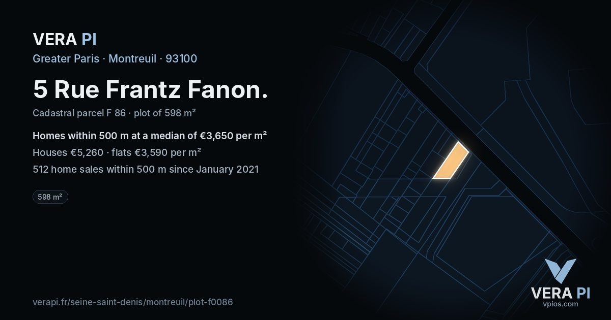 5 Rue Frantz Fanon, Montreuil at night – the plot lit, the parcels around coloured by the prices near them