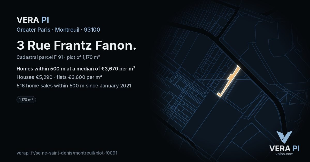 3 Rue Frantz Fanon, Montreuil at night – the plot lit, the parcels around coloured by the prices near them
