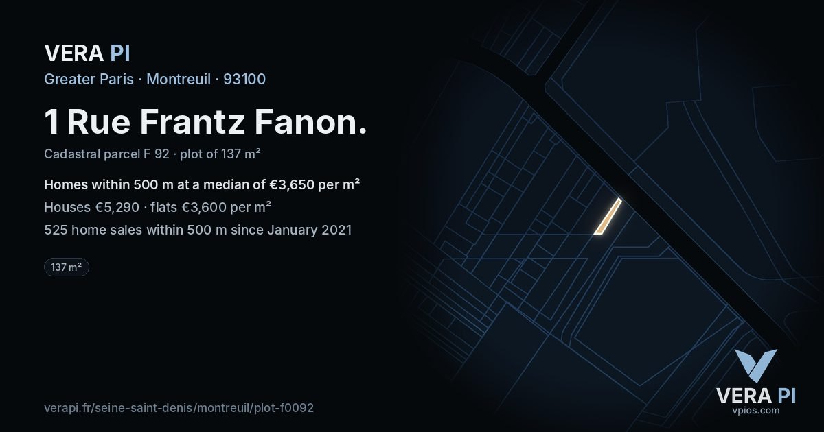 1 Rue Frantz Fanon, Montreuil at night – the plot lit, the parcels around coloured by the prices near them