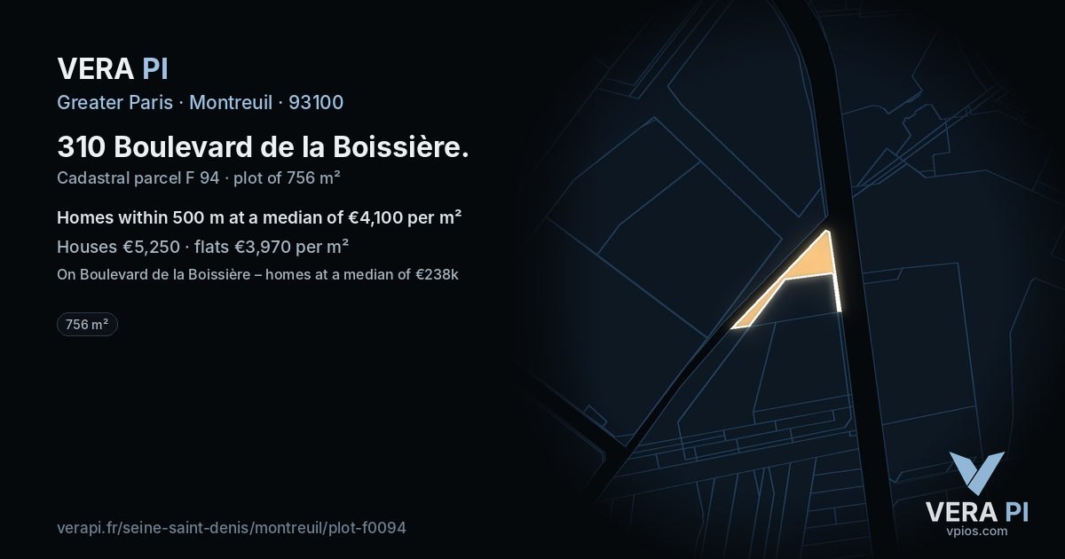 310 Boulevard de la Boissière, Montreuil at night – the plot lit, the parcels around coloured by the prices near them