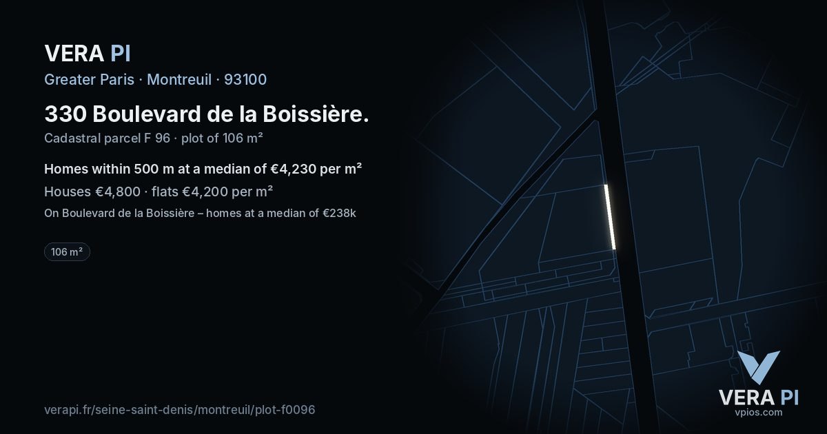 330 Boulevard de la Boissière, Montreuil at night – the plot lit, the parcels around coloured by the prices near them