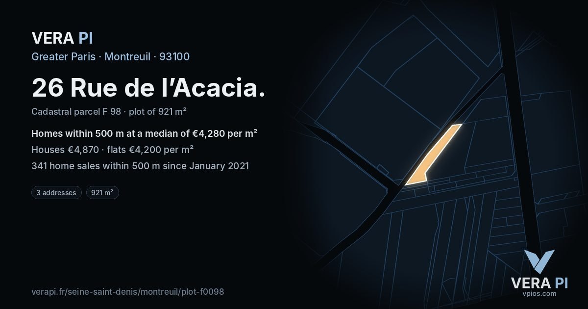 26 Rue de l’Acacia, Montreuil at night – the plot lit, the parcels around coloured by the prices near them