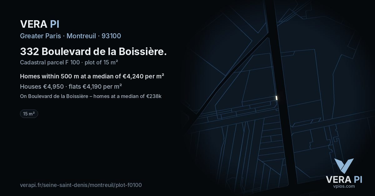 332 Boulevard de la Boissière, Montreuil at night – the plot lit, the parcels around coloured by the prices near them