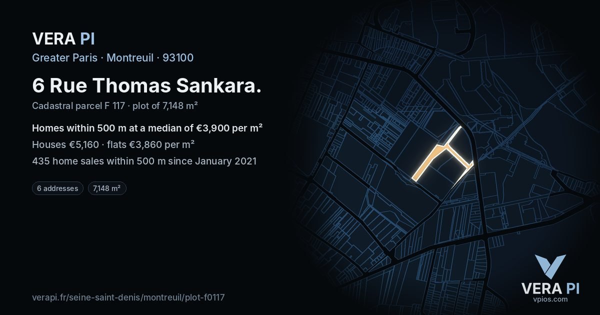 6 Rue Thomas Sankara, Montreuil at night – the plot lit, the parcels around coloured by the prices near them