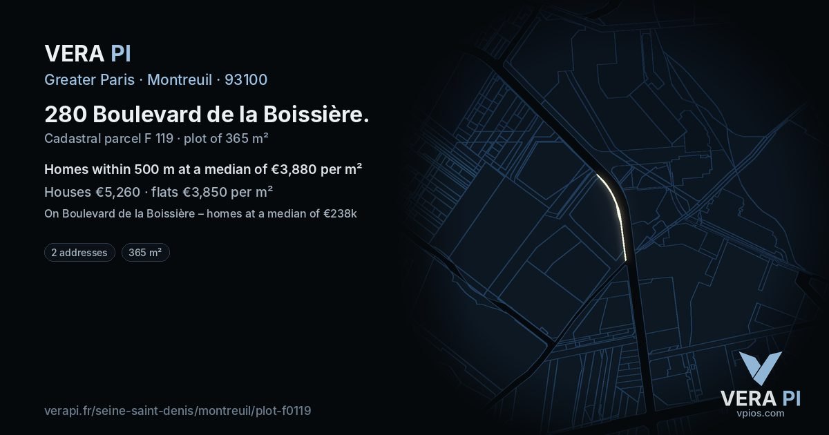 280 Boulevard de la Boissière, Montreuil at night – the plot lit, the parcels around coloured by the prices near them
