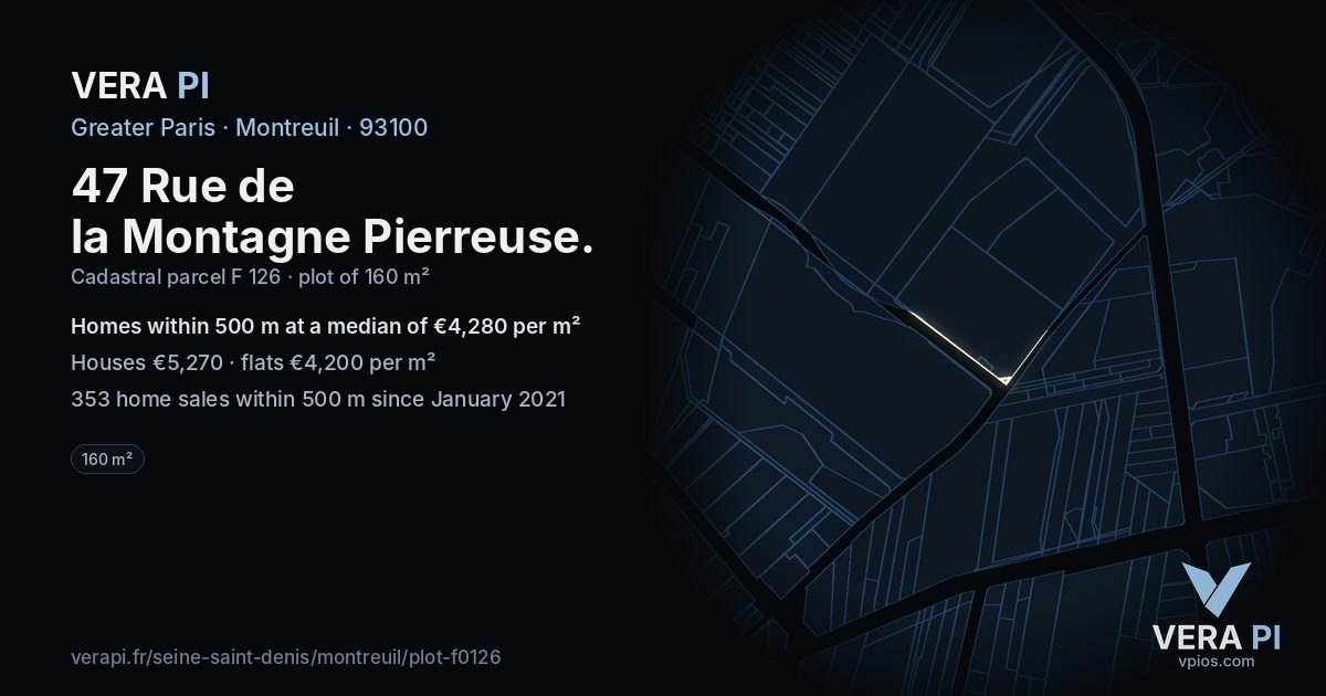 47 Rue de la Montagne Pierreuse, Montreuil at night – the plot lit, the parcels around coloured by the prices near them